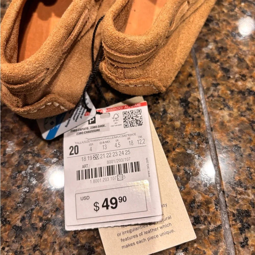 Zara Infant Tan Moccasins with Fringe Details, size 4.